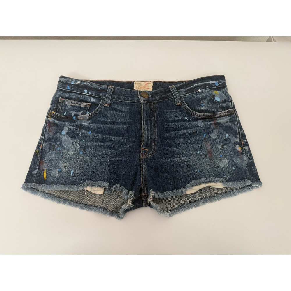 Current/Elliott Boyfriend Jean Shorts 27 Blue Denim Paint Splatter Frayed Cutoff